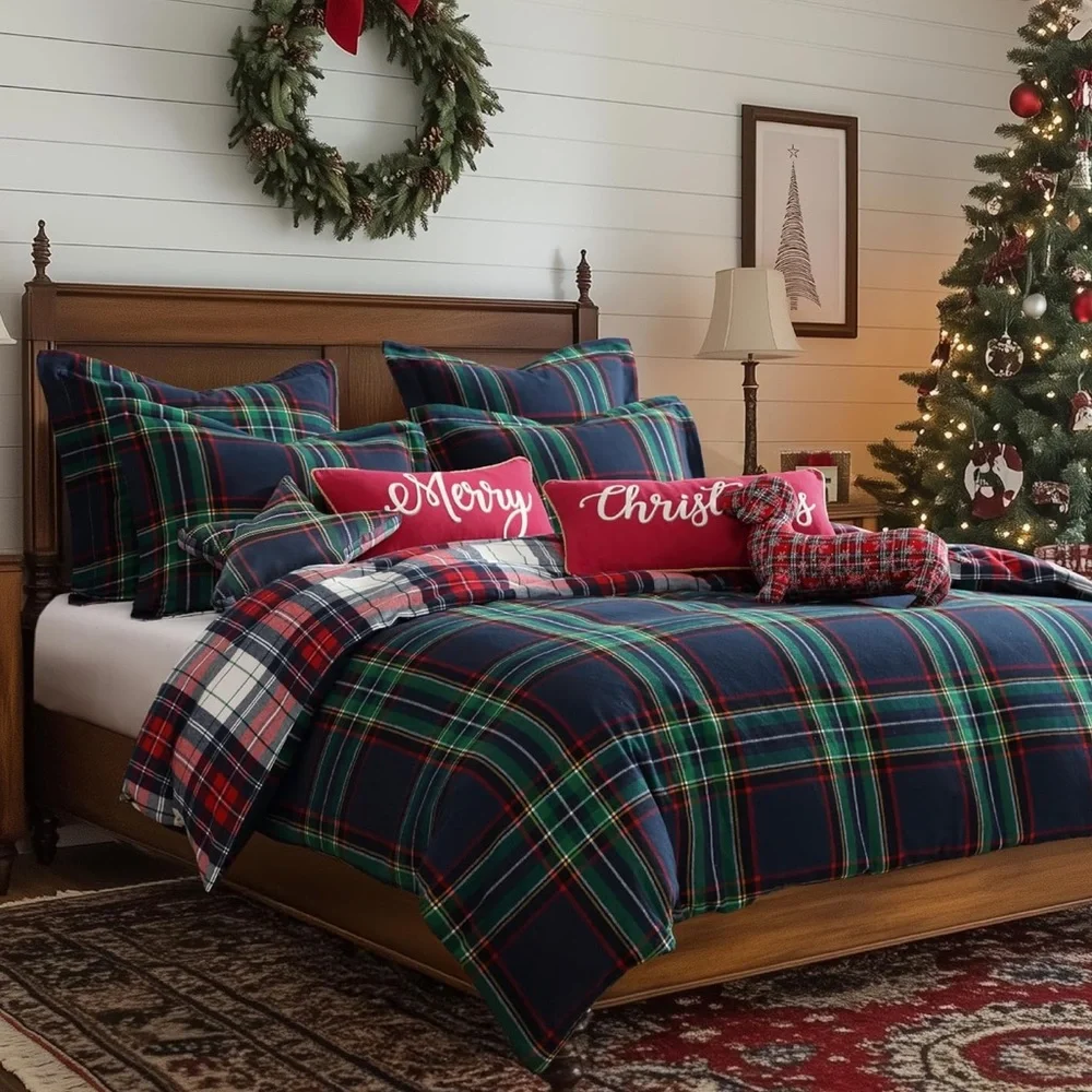 🆕 PB Style Navy Plaid Queen Duvet Set Stewart Christmas Cotton 3 Piece NEW